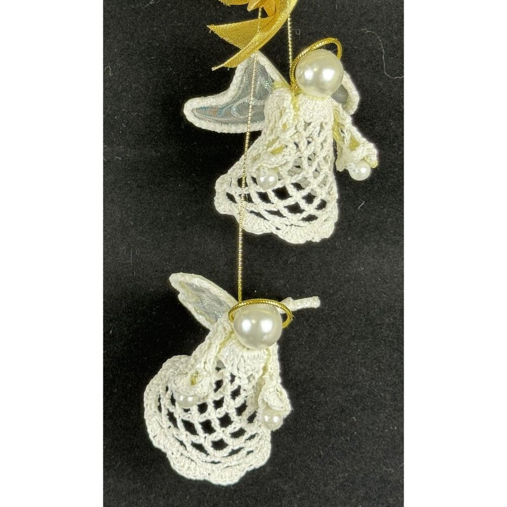 Avon Crocheted Lace Ornament Angels 13 inches White Gold Bow in Box F32908-1 - Picture 2 of 15